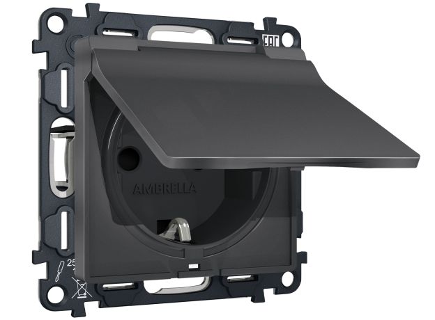 MA908010 Комплект механизма электрической розетки ALFA Графит мягкое касание с/з с шторками и крышкой IP44 QUANT (AP9080, VM141)