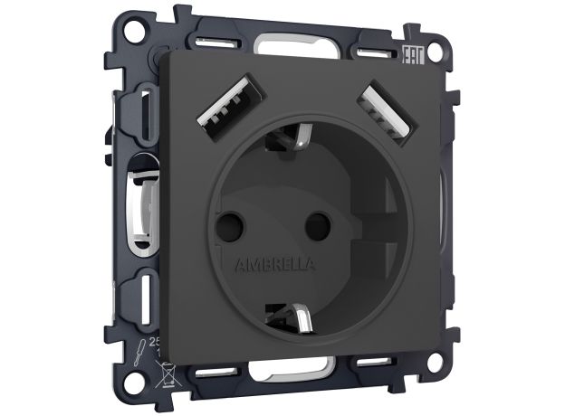MA909010 Комплект механизма электрической розетки ALFA Графит мягкое касание 2USB A+A 18W (быстрая зарядка) с/з QUANT (AP9090, VM155)