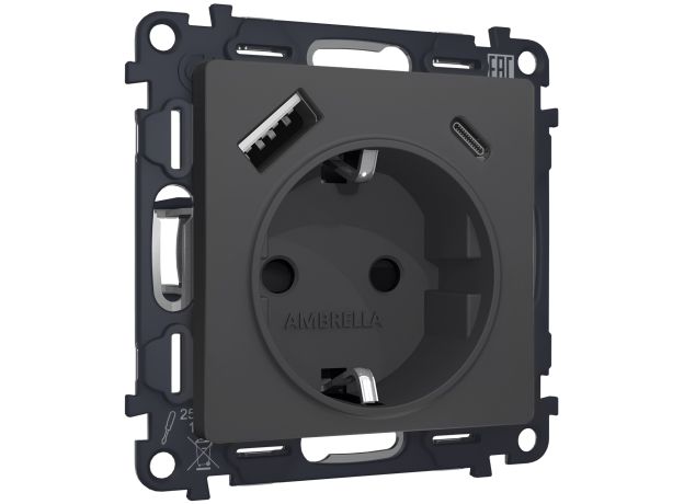 MA910010 Комплект механизма электрической розетки ALFA Графит мягкое касание 2USB A+C 20W (быстрая зарядка) с/з QUANT (AP9100, VM160)