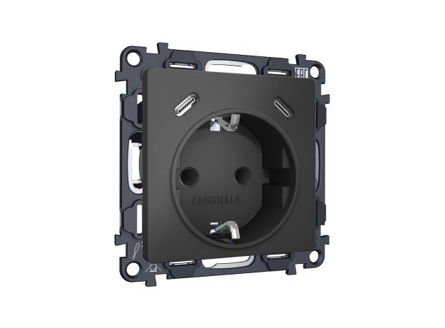 MA910510 Комплект механизма электрической розетки 2USB С+C 20W с/з на винтовых зажимах 16A-250V ALFA Графит мягкое касание QUANT (AP9105, VM165)