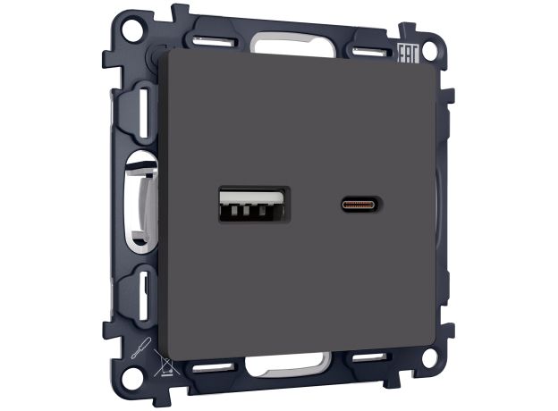 MA911010 Комплект механизма розетки ALFA Графит мягкое касание 2USB A+C 20W (быстрая зарядка) QUANT (AP9110, VM177)