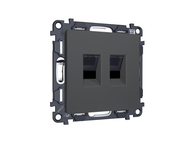 MA912110 Комплект механизма компьютерной двойной розетки RJ-45 с автоматической защитной шторкой ALFA Графит мягкое касание QUANT (AP9121, VM189)