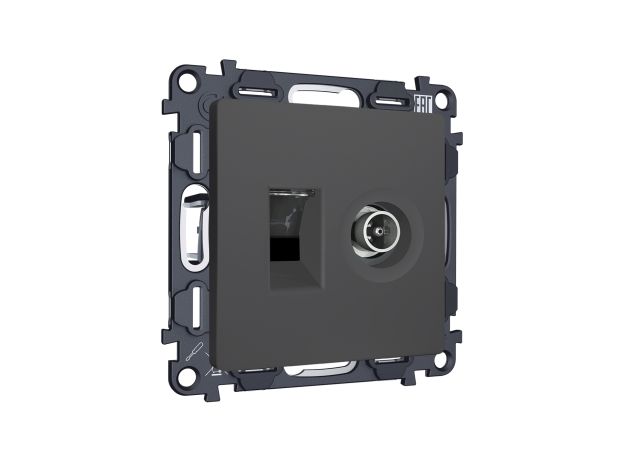MA912510 Комплект мех-ма розетки компьютерной + TV оконечной RJ-45 с автоматической защитной шторкой ALFA Графит мягкое касание QUANT (AP9125, VM195)