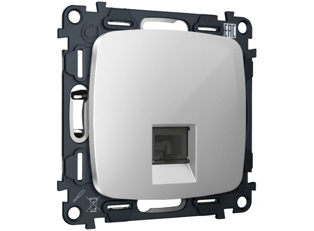 MO412005 Комплект механизма компьютерной розетки RJ-45 экранированной с автоматической защитной шторкой OMEGA Серебро глянец QUANT (OP4120, VM185)