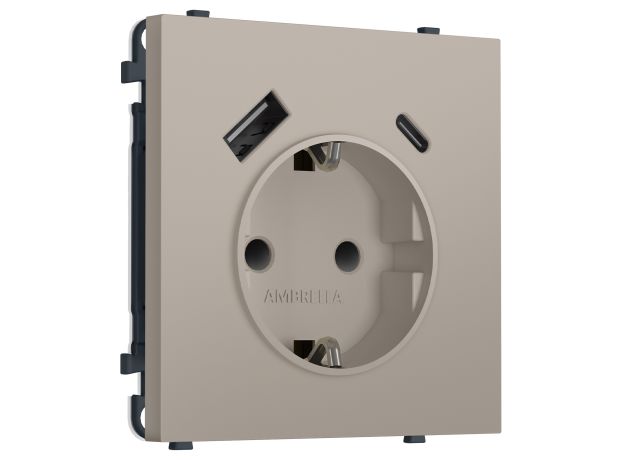 MS370010 Комплект механизма электрической розетки SIGMA Серо-бежевый матовый 2USB A+C 20W (быст. зар.) с/з с/ш 16A-250V QUANT PRO (SP3700, PR160)