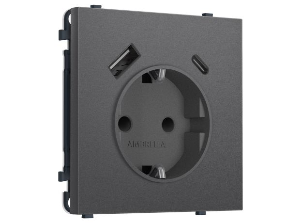 MS660010 Комплект механизма электрической розетки SIGMA Антрацит серый 2USB A+C 20W (быст. зар.) с/з с/ш 16A-250V QUANT PRO (SP6600, PR160)
