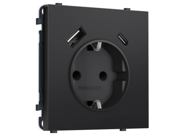 MS810010 Комплект механизма электрической розетки SIGMA Черный матовый 2USB A+C 20W (быст. зар.) с/з с/ш 16A-250V QUANT PRO (SP8100, PR160)