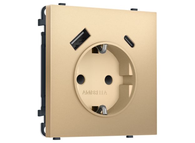 MS890010 Комплект механизма электрической розетки SIGMA Золото Мягкое касание 2USB A+C 20W (быст. зар.) с/з с/ш 16A-250V QUANT PRO (SP8900, PR160)