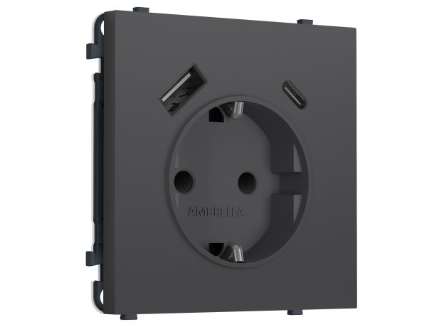MS910010 Комплект механизма электрической розетки SIGMA Графит Мягкое касание 2USB A+C 20W (быст. зар.) с/з с/ш 16A-250V QUANT PRO (SP9100, PR160)