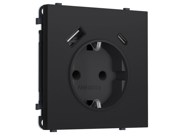 MS990010 Комплект механизма электрической розетки SIGMA Черный Мягкое касание 2USB A+C 20W (быст. зар.) с/з с/ш 16A-250V QUANT PRO (SP9900, PR160)