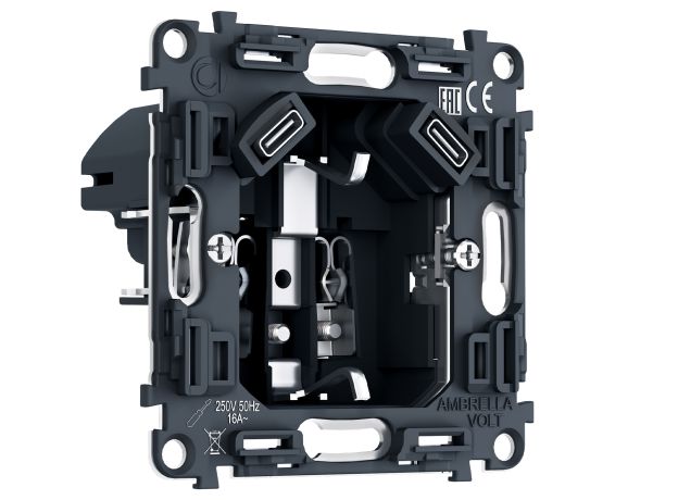 PR165 Механизм электрической розетки 2USB С+C 20W (быстрая зарядка) с/з на винтовых зажимах 16A-250V QUANT PRO