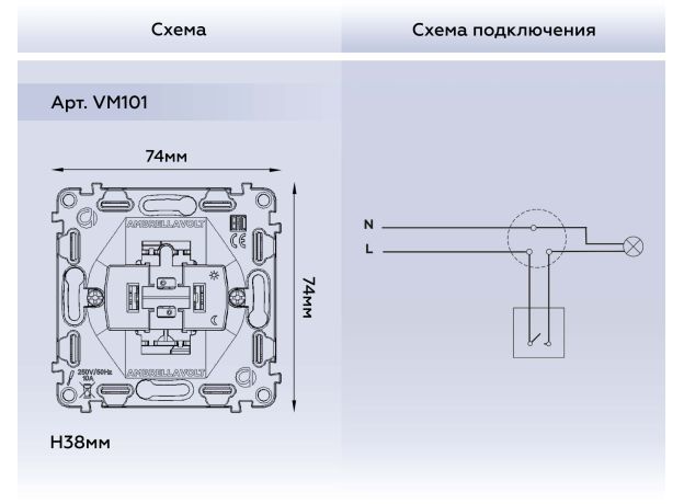VM101 Механизм 1-клавишного выключателя 10A-250V QUANT