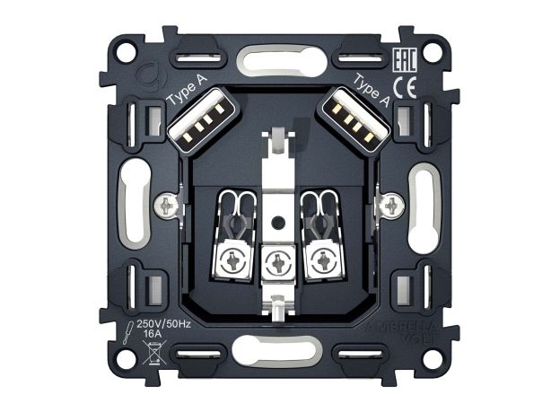VM155 Механизм электрической розетки 2USB A+A 18W (быстрая зарядка) с/з на винтовых зажимах QUANT
