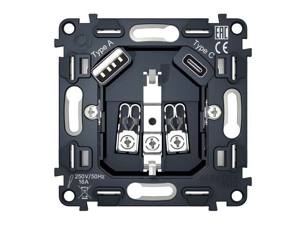 VM160 Механизм электрической розетки 2USB A+C 20W (быстрая зарядка) с/з на винтовых зажимах QUANT