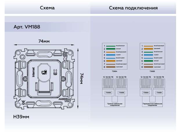 VM188 Механизм компьютерной розетки RJ-45 (8P8C) CAT6 с автоматической защитной шторкой QUANT